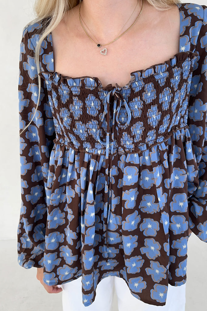 Honey Floral Print Smocked Babydoll Top - Neutral Ground