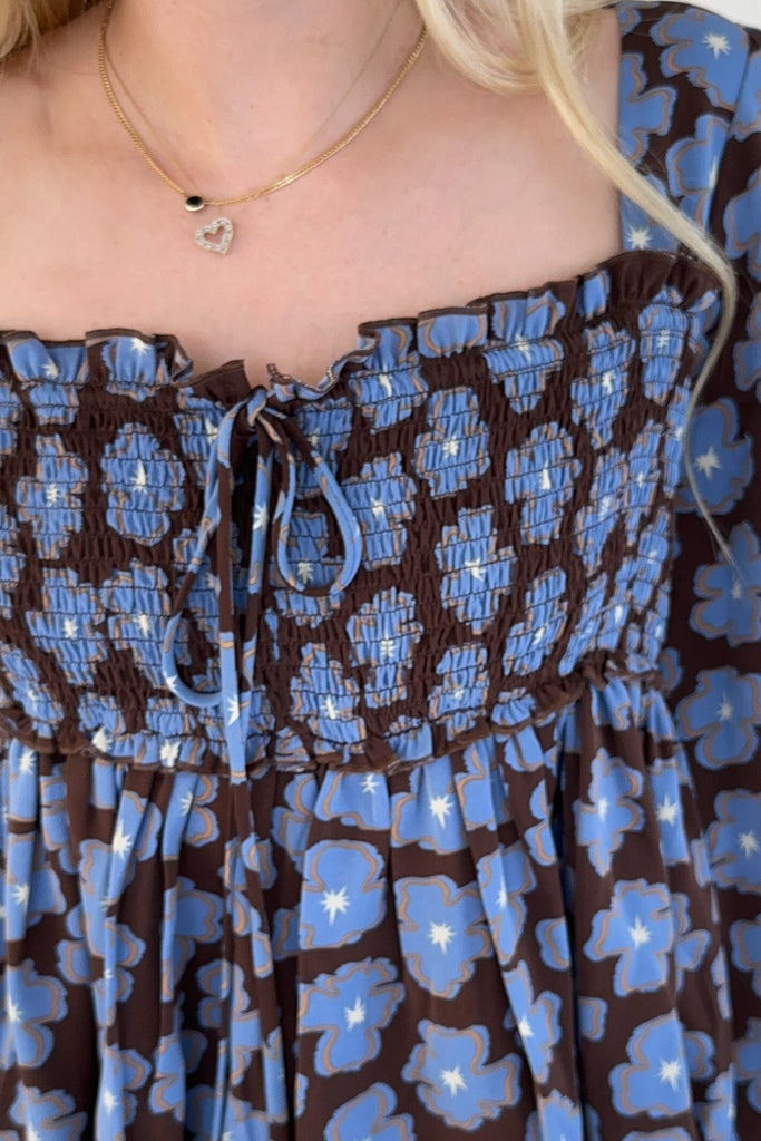 Honey Floral Print Smocked Babydoll Top - Neutral Ground