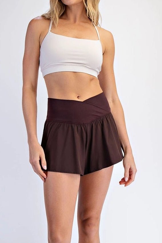 In Motion V Crossover Flared Shorts in Chocolate - Neutral Ground