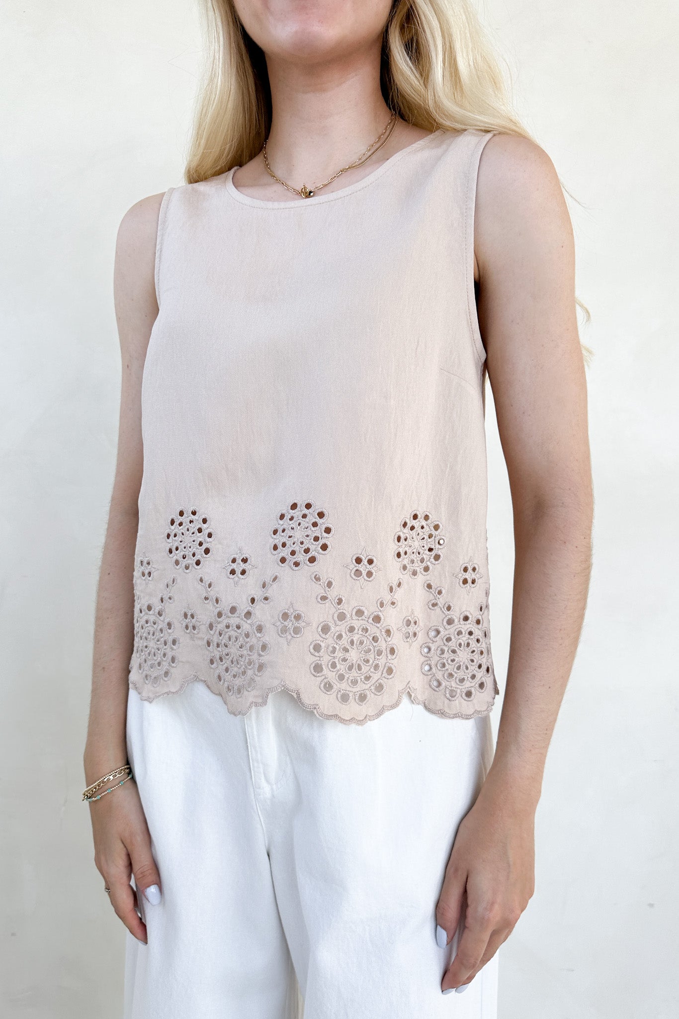 Isabella Eyelet Sleeveless Top in Tan - Neutral Ground
