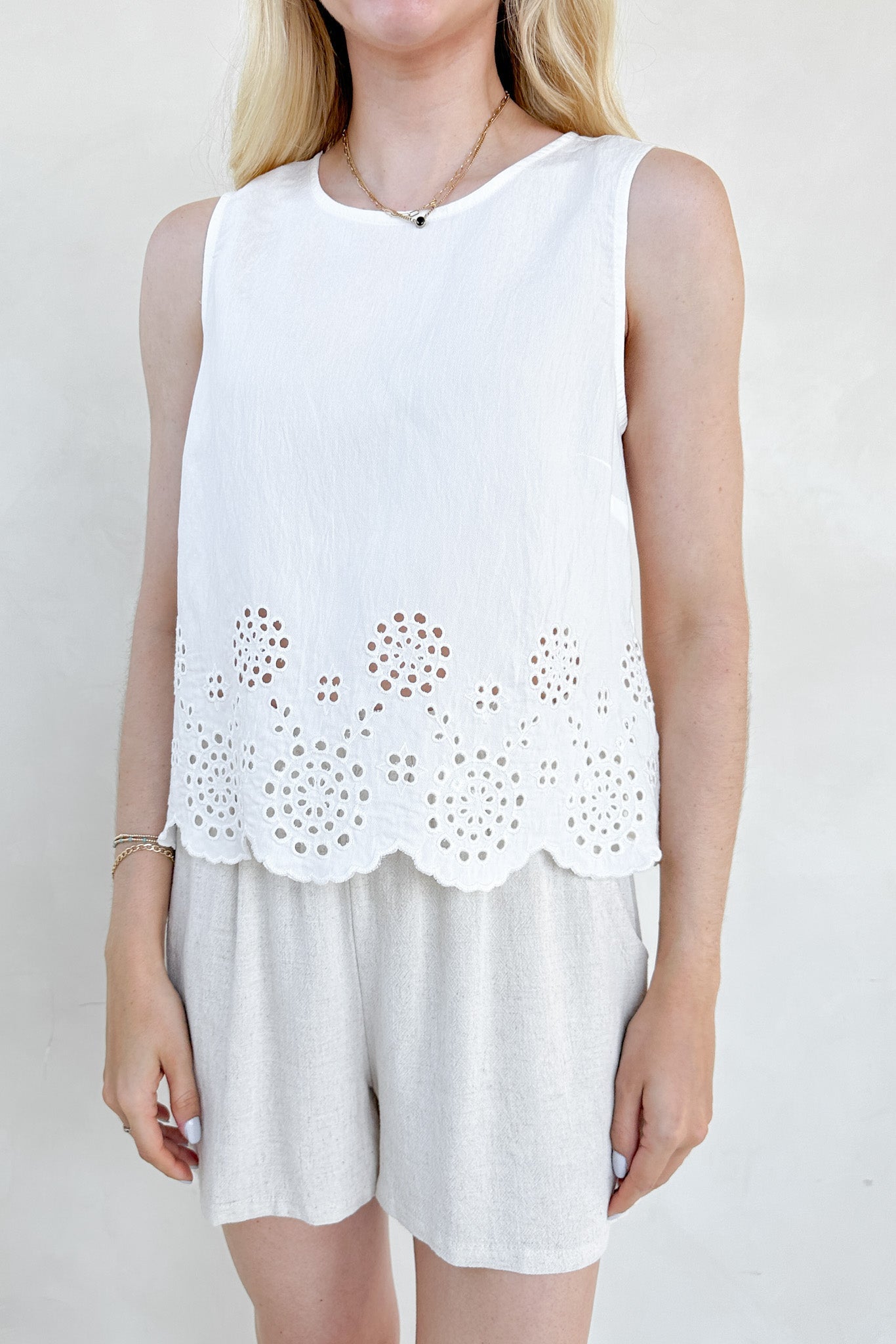Isabella Eyelet Sleeveless Top in White - Neutral Ground