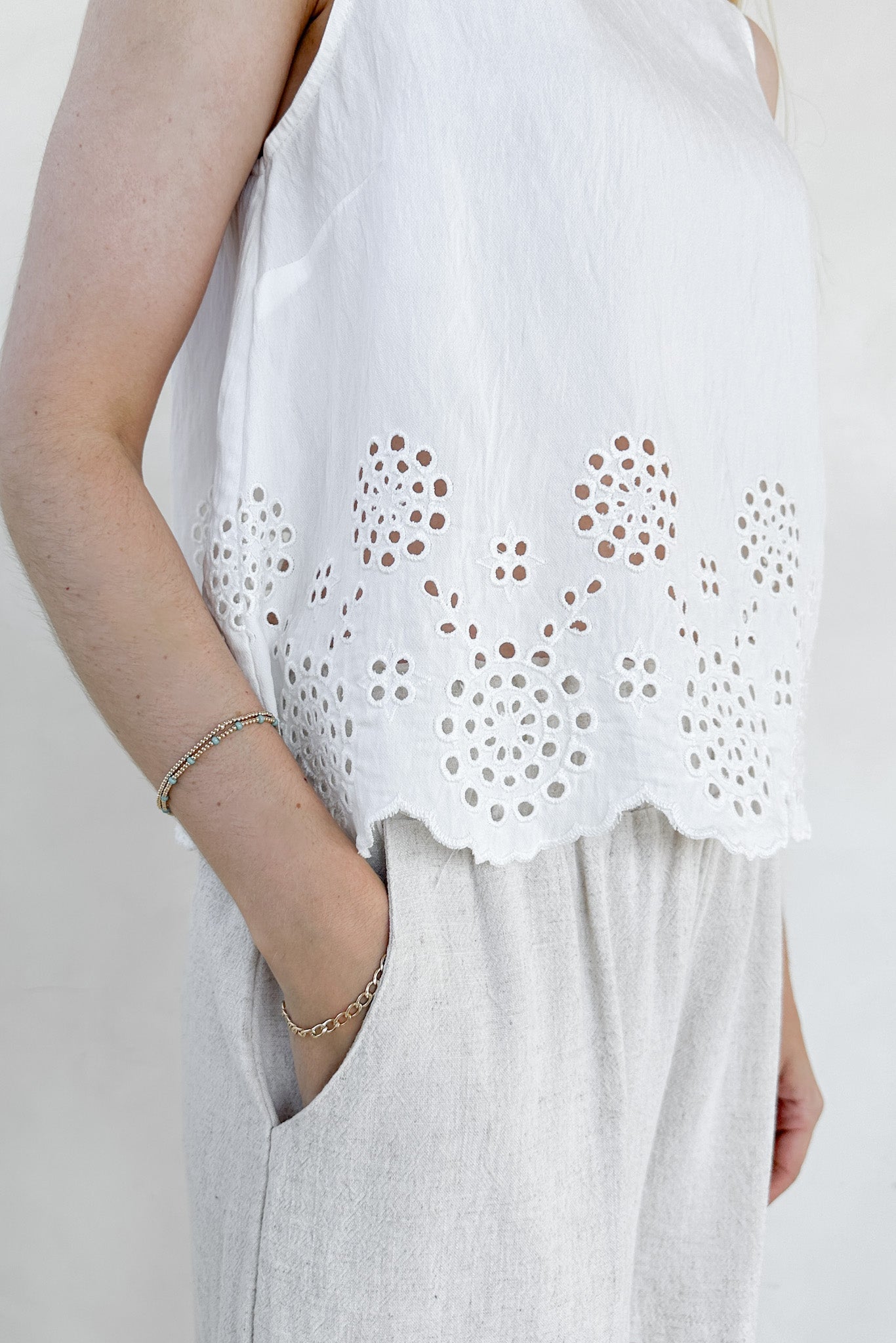 Isabella Eyelet Sleeveless Top in White - Neutral Ground