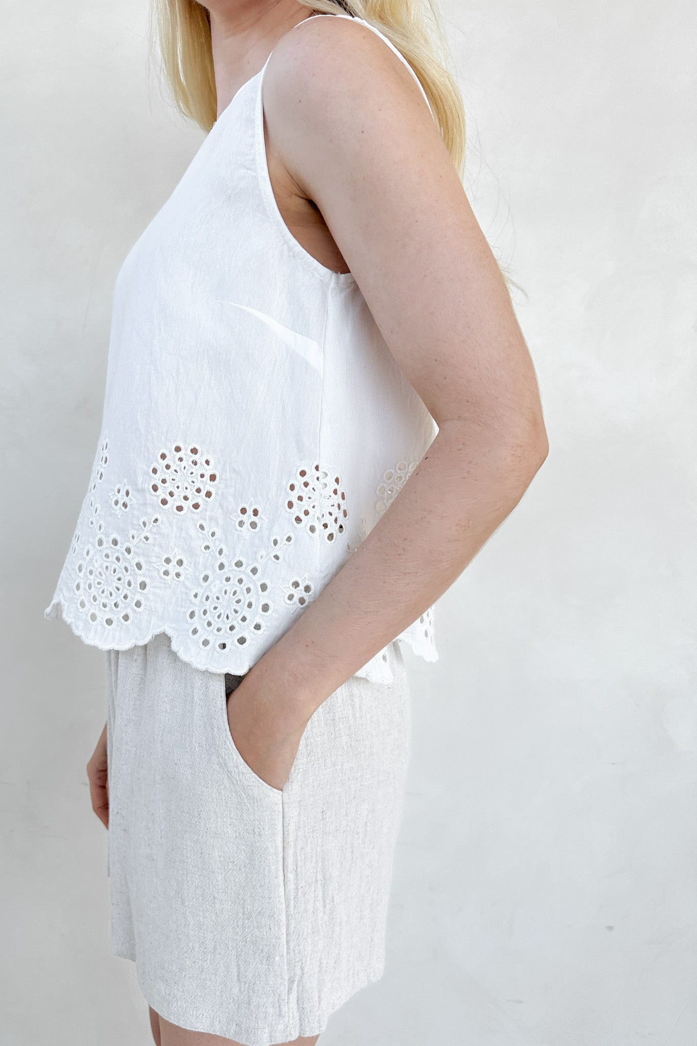 Isabella Eyelet Sleeveless Top in White - Neutral Ground