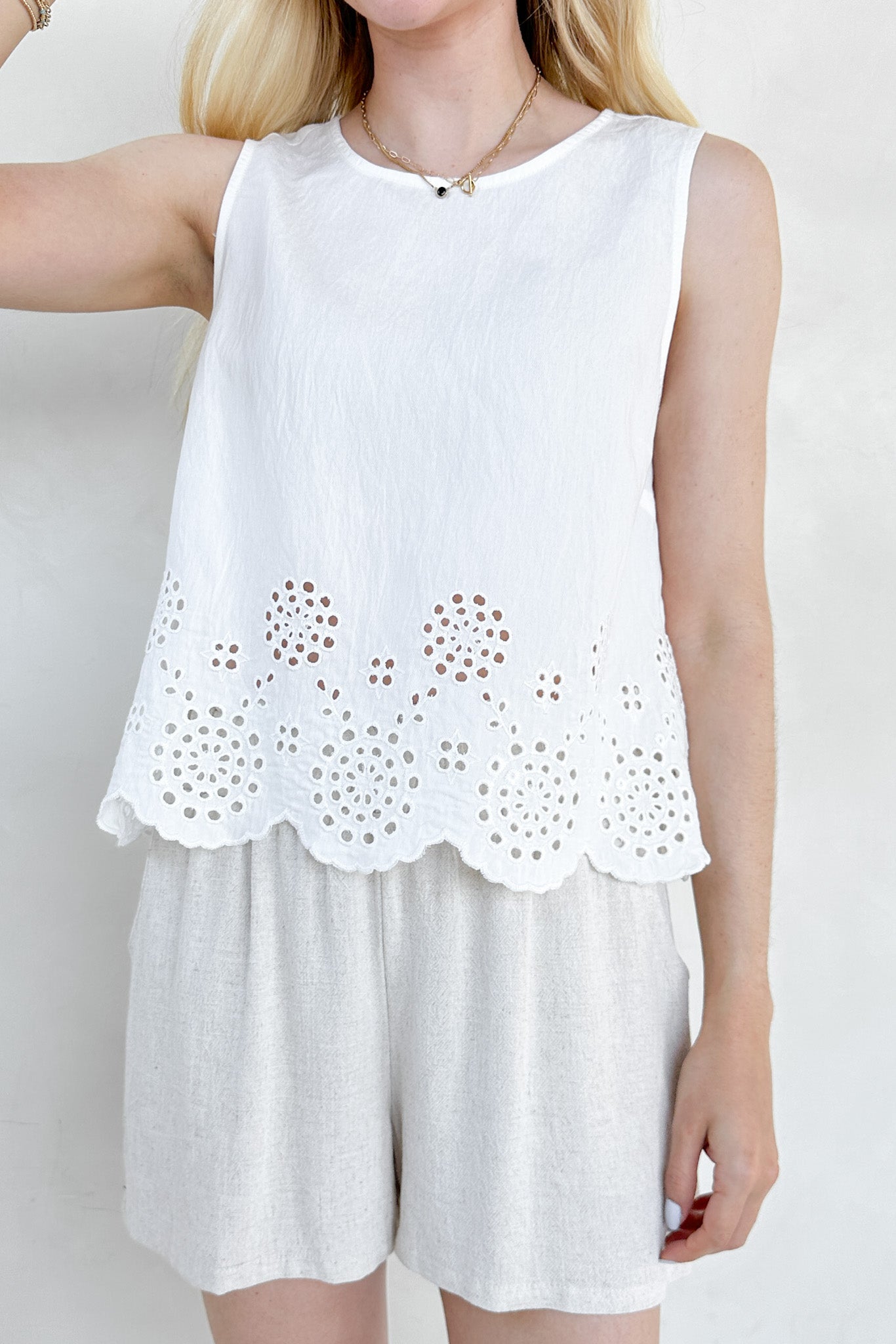Isabella Eyelet Sleeveless Top in White - Neutral Ground