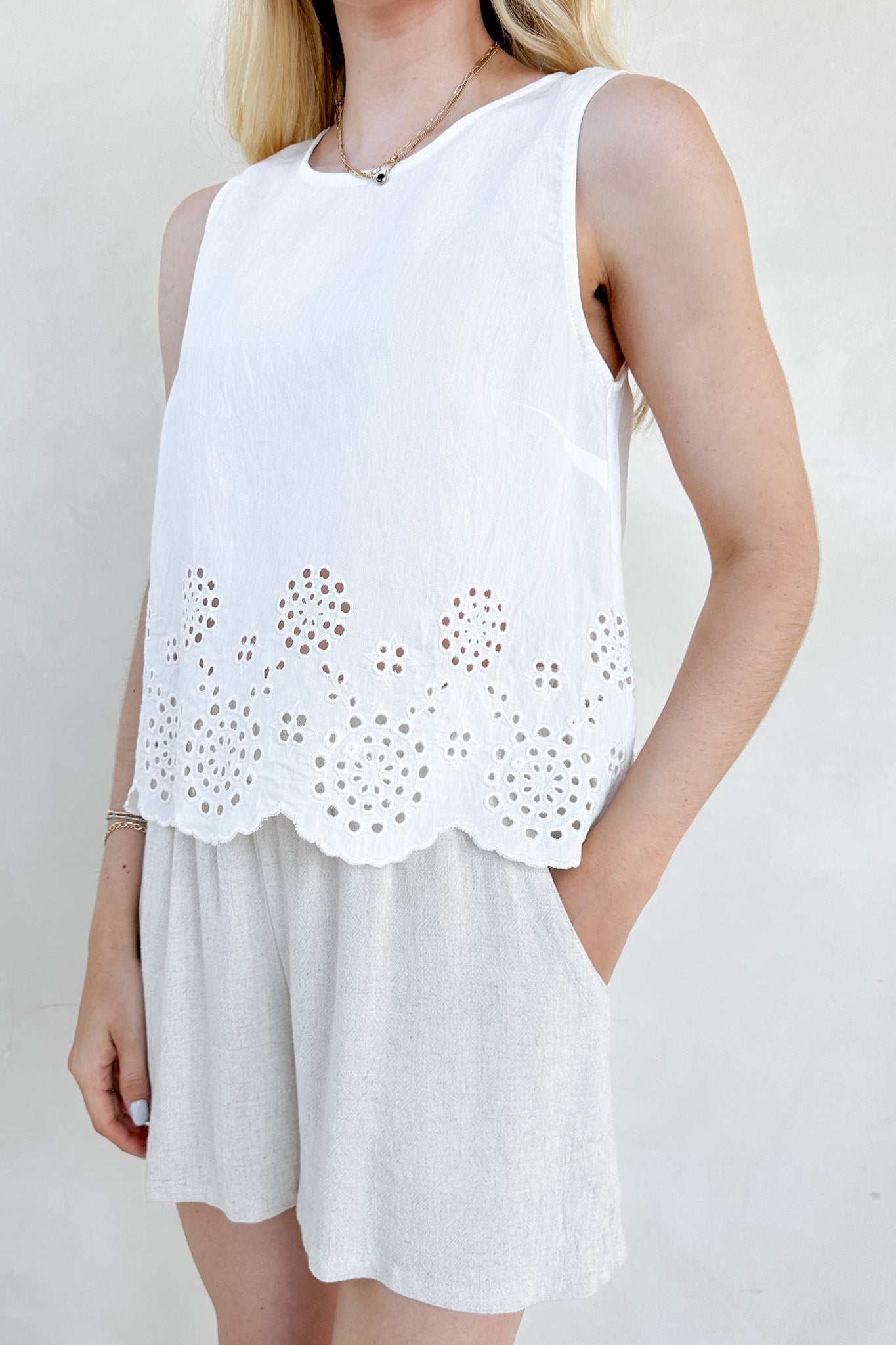 Isabella Eyelet Sleeveless Top in White - Neutral Ground