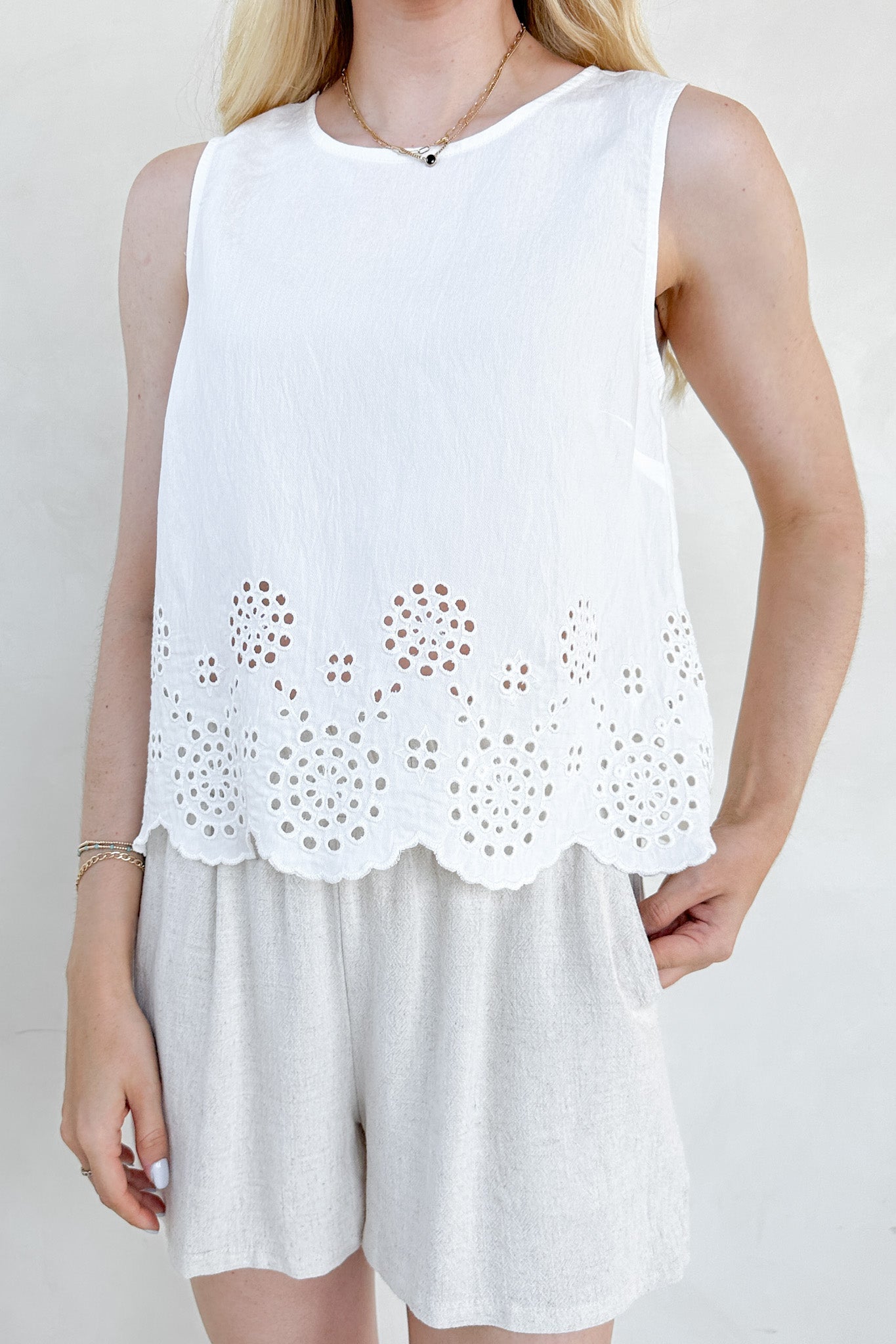 Isabella Eyelet Sleeveless Top in White - Neutral Ground
