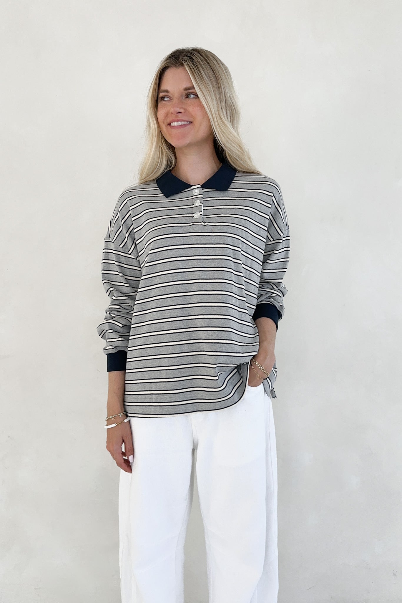 Jackson Striped Collared Long Sleeve Top - Neutral Ground