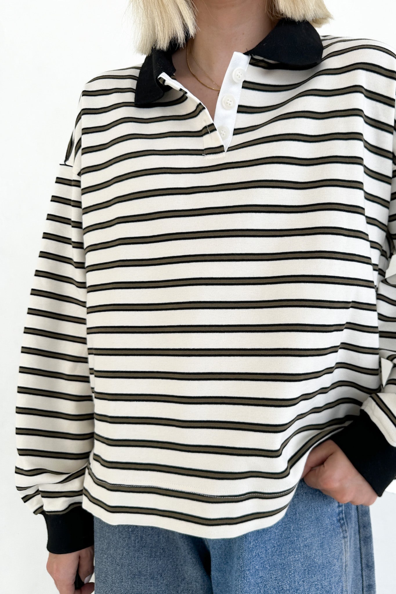 Jackson Striped Collared Long Sleeve Top in Ivory - Neutral Ground