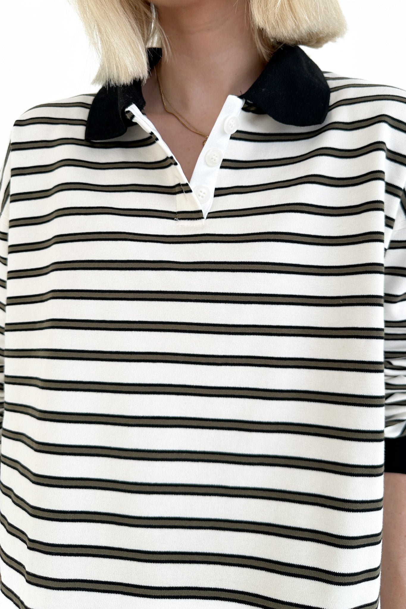Jackson Striped Collared Long Sleeve Top in Ivory - Neutral Ground