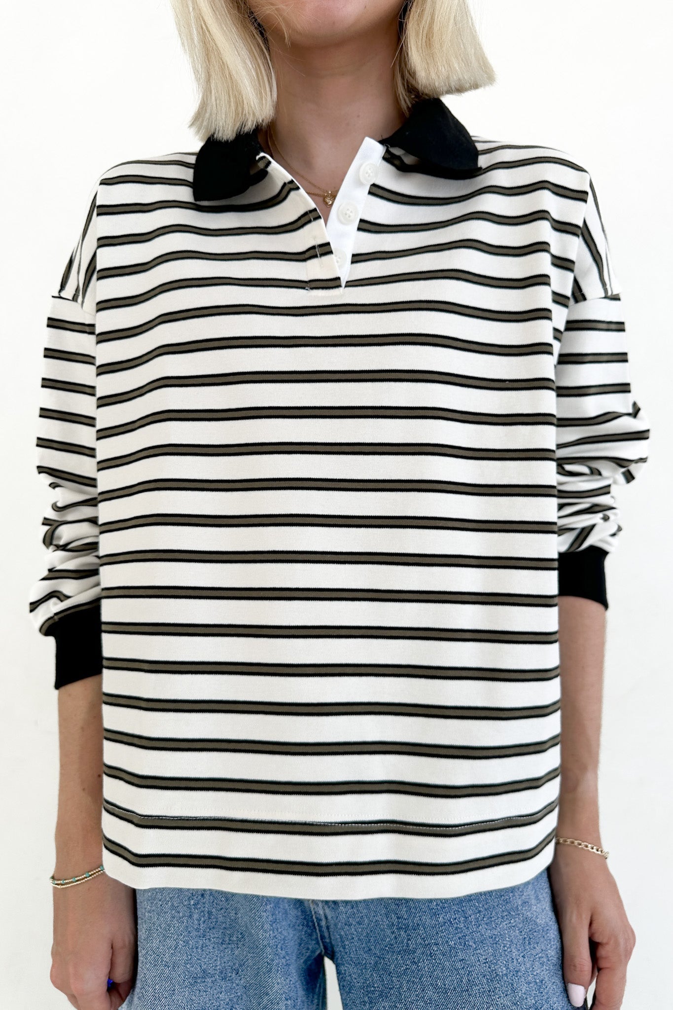 Jackson Striped Collared Long Sleeve Top in Ivory - Neutral Ground