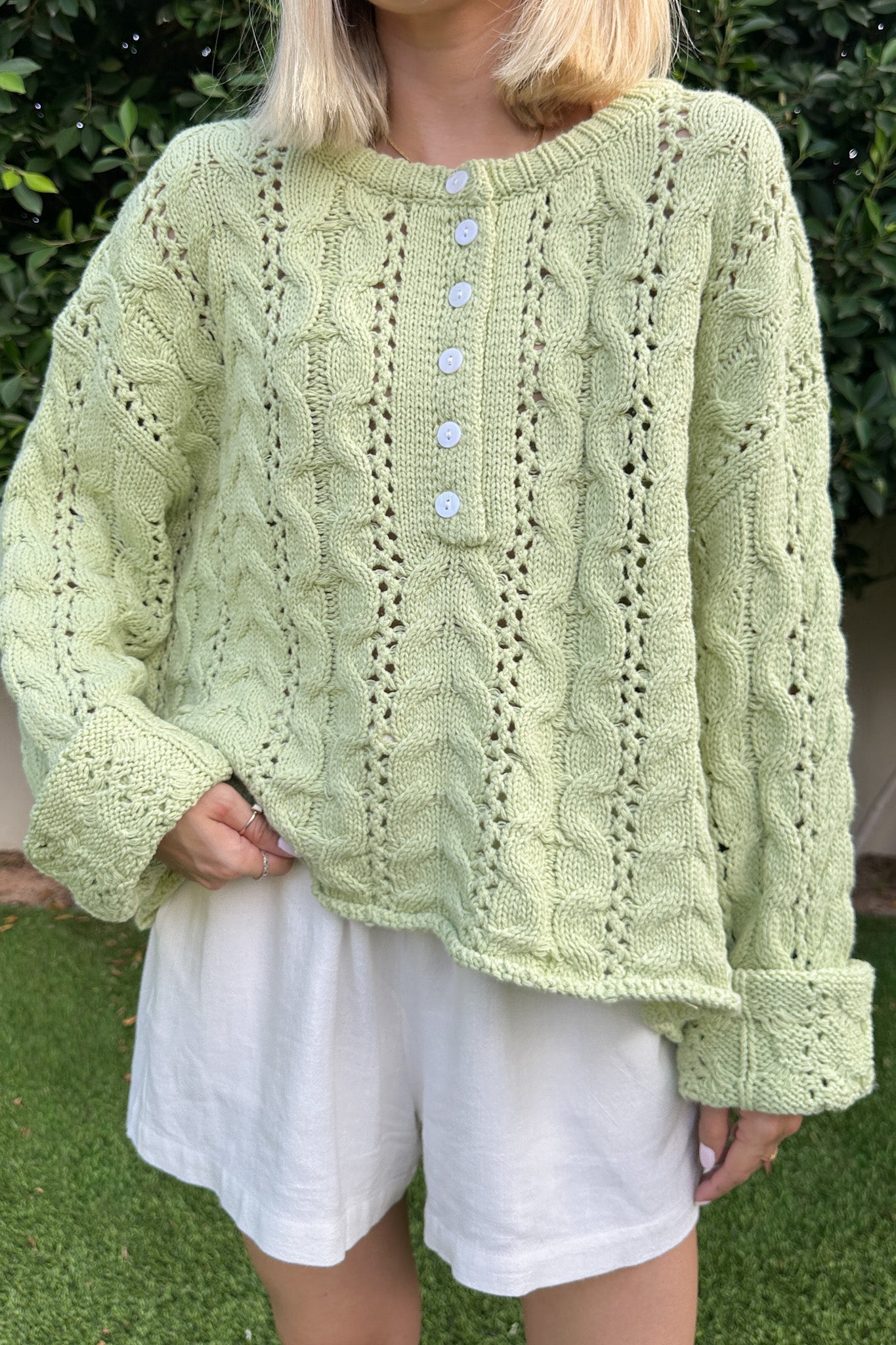 Jolie Lightweight Cable Knit Sweater Top in Pistachio - Neutral Ground