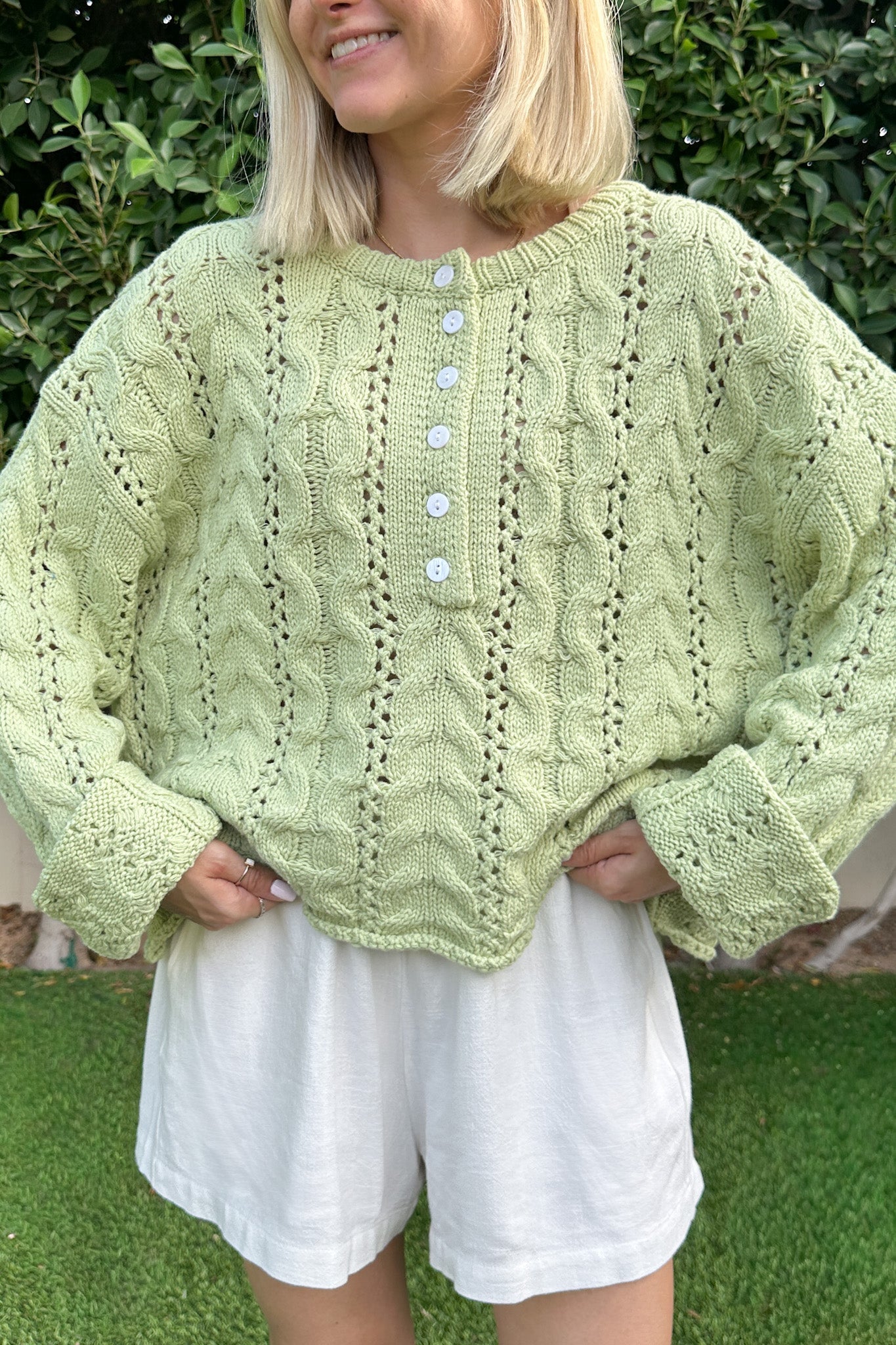 Jolie Lightweight Cable Knit Sweater Top in Pistachio - Neutral Ground