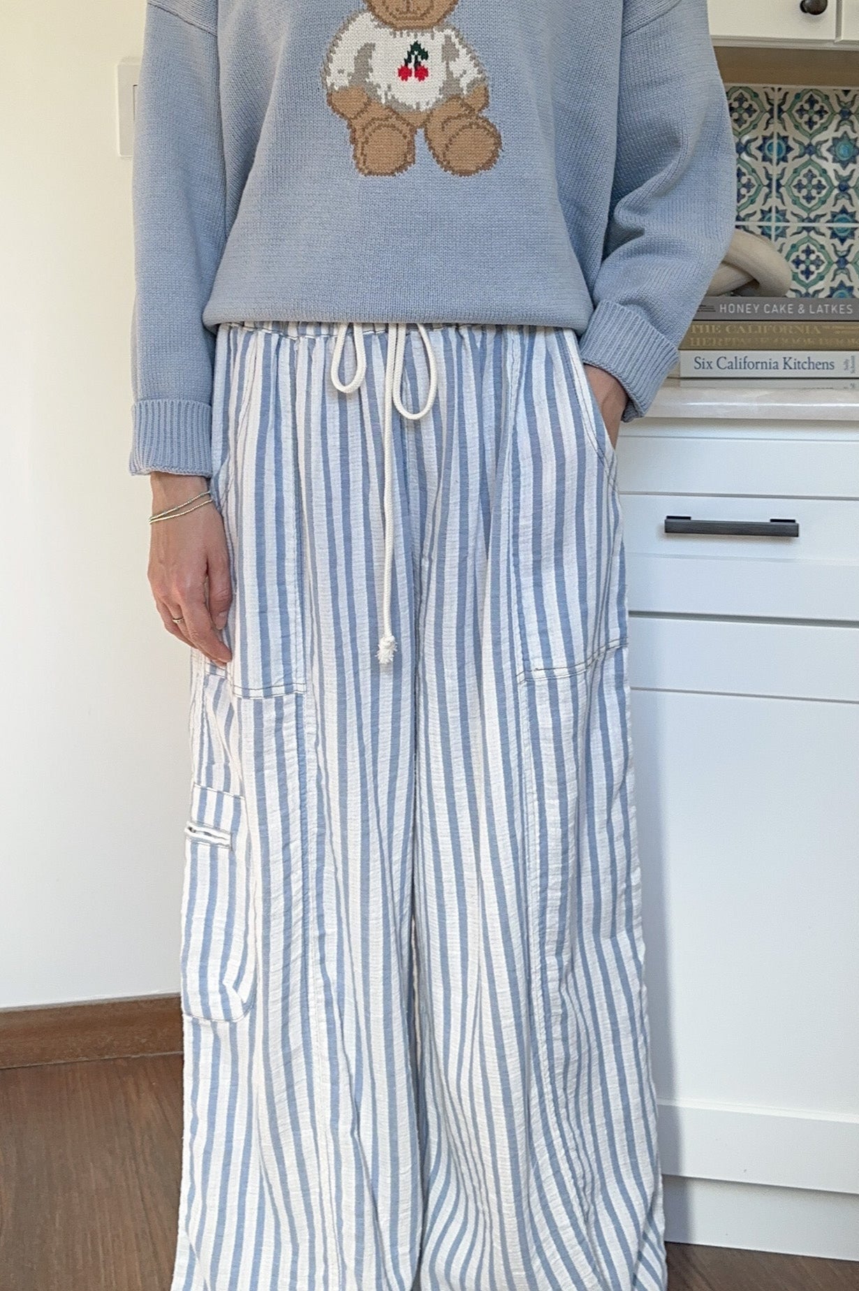 Josie Relaxed Striped Cotton Trousers in Blue - Neutral Ground