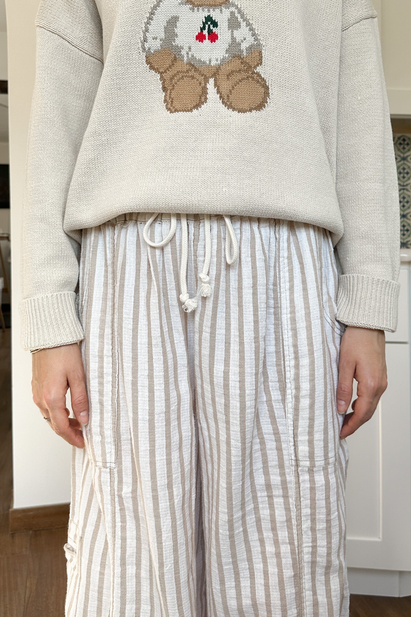 Josie Relaxed Striped Cotton Trousers in Taupe - Neutral Ground