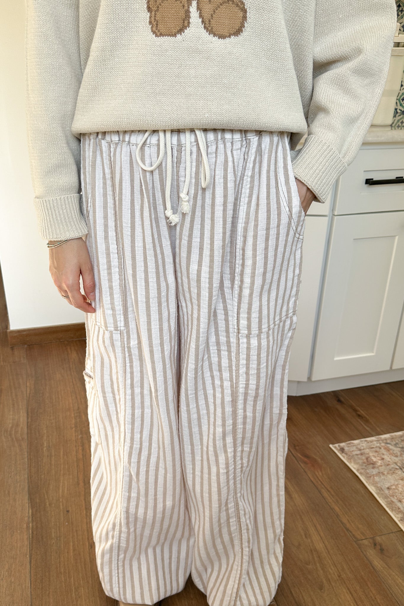 Josie Relaxed Striped Cotton Trousers in Taupe - Neutral Ground