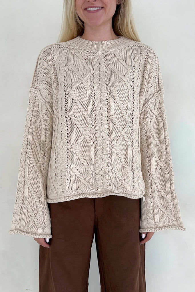 Keaton Flare Sleeve Cable Knit Sweater - Neutral Ground