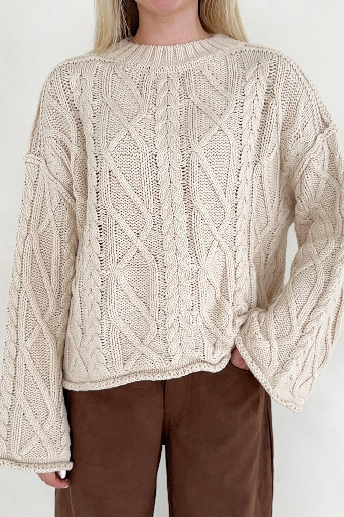 Keaton Flare Sleeve Cable Knit Sweater - Neutral Ground