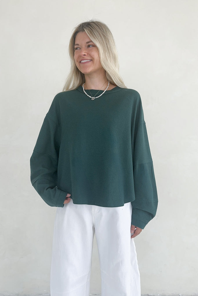 Kenny Oversized Waffled Knit Top in Deep Green - Neutral Ground