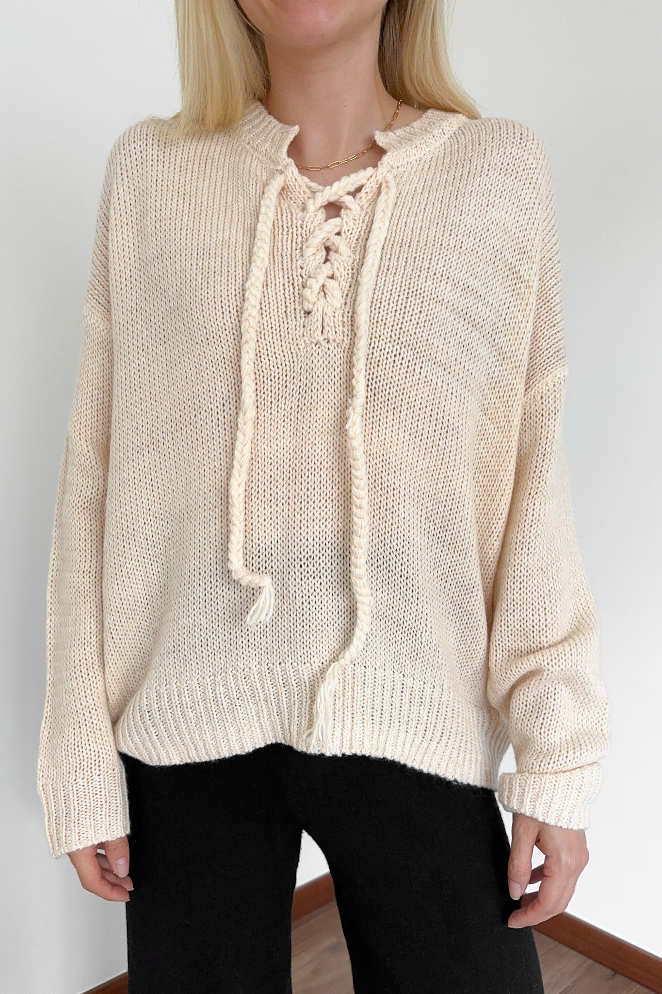 Khloe Lace Up Front Sweater Top | Neutral Ground