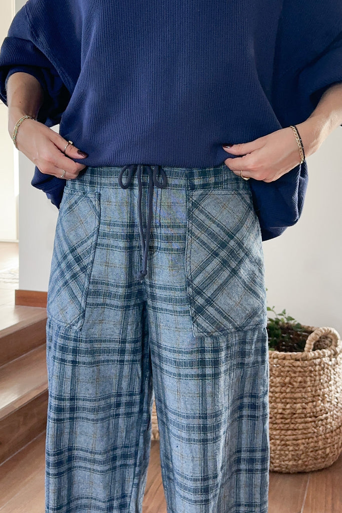 Lainey Plaid Cotton Barrel Pants - Neutral Ground