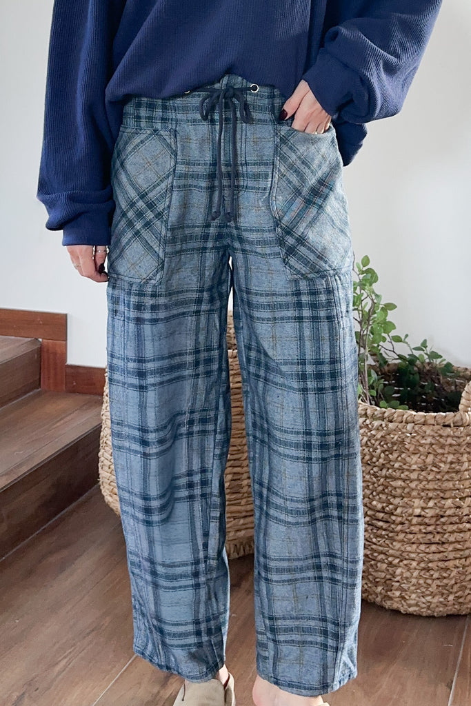 Lainey Plaid Cotton Barrel Pants - Neutral Ground