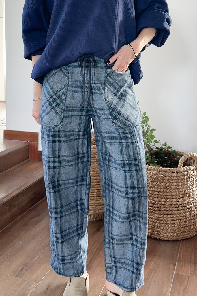 Lainey Plaid Cotton Barrel Pants - Neutral Ground