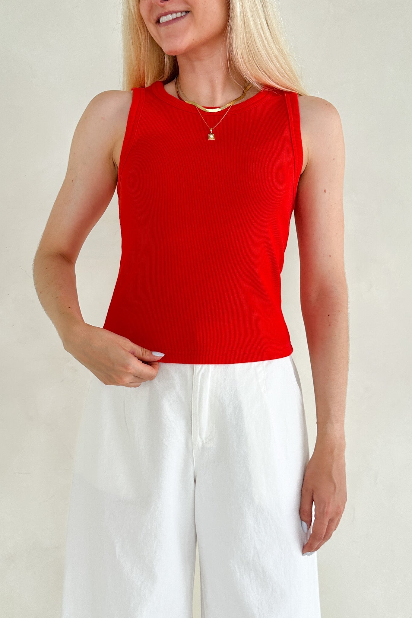 Lana Ribbed Tank Top in Red Hot - Neutral Ground