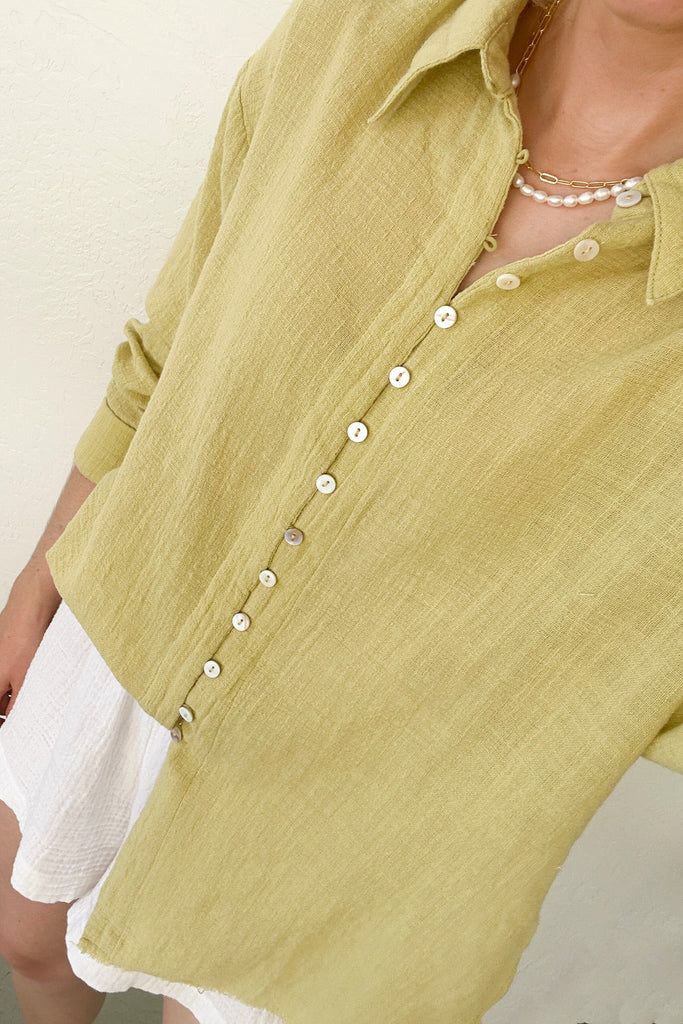 Leighton Gauze Button Down Shirt in Muted Green - Neutral Ground