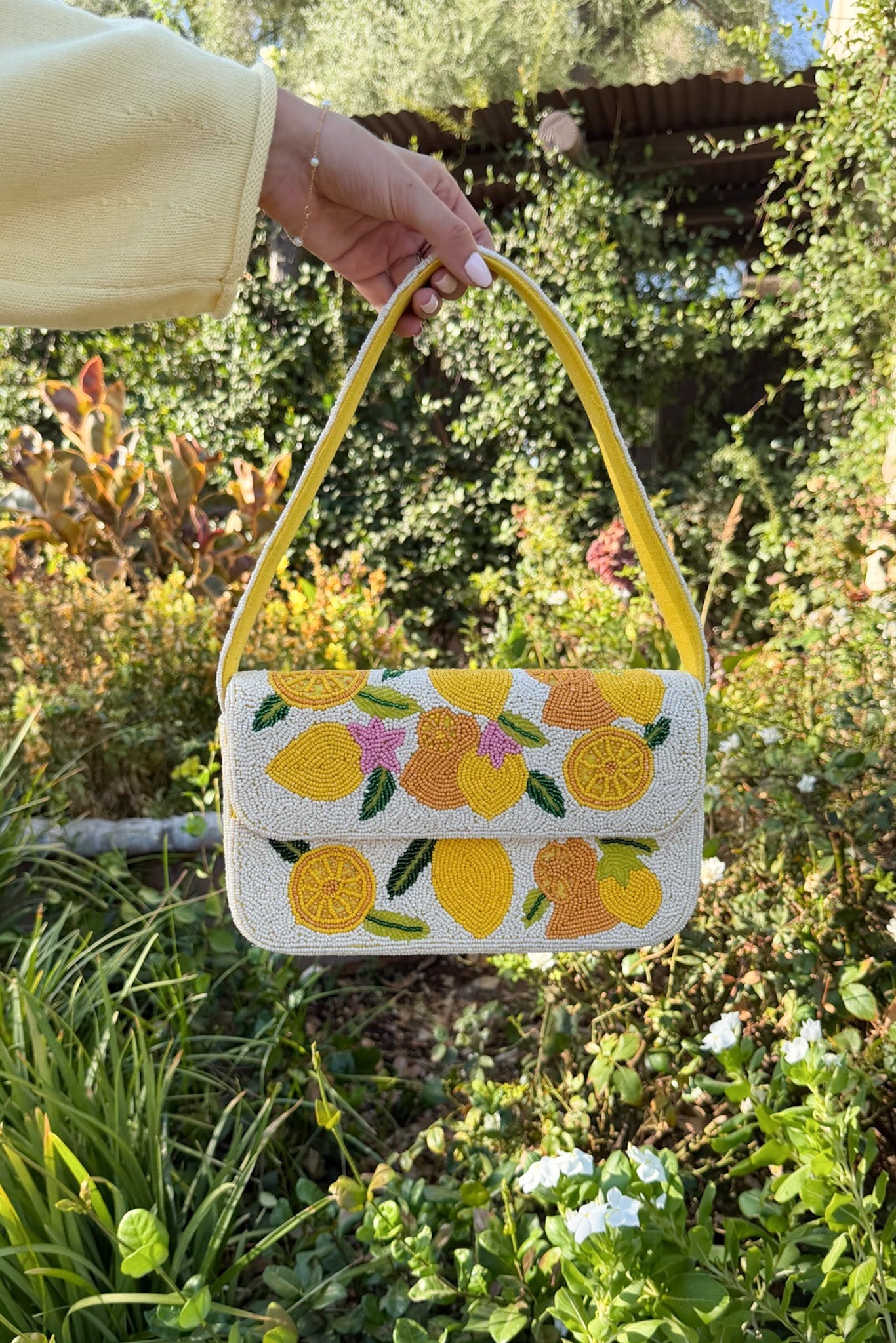 Lemon Drop Beaded Shoulder Bag - Neutral Ground