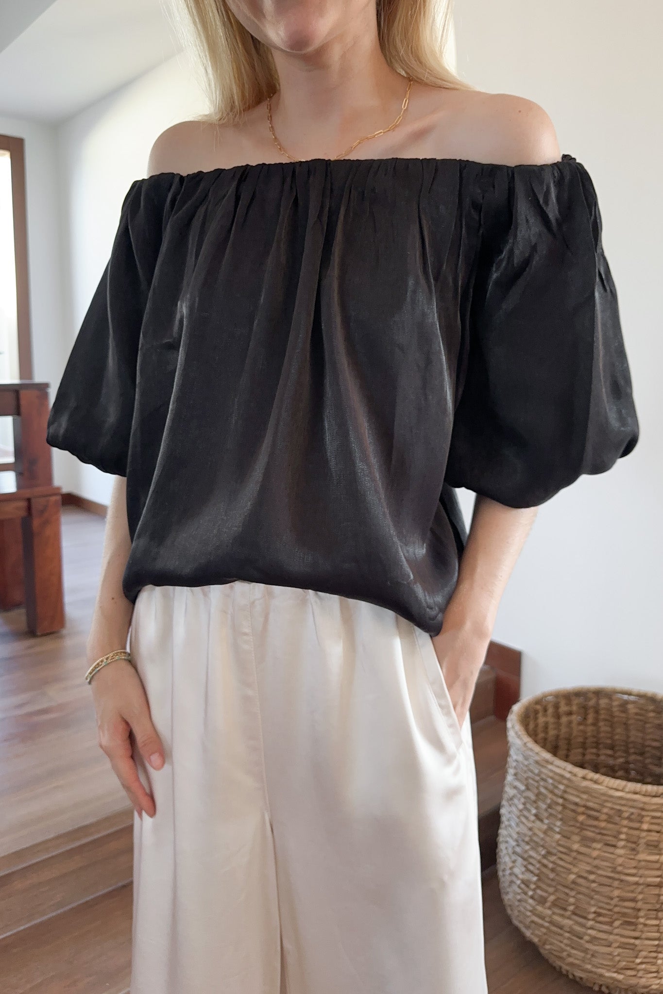 Let's Party Off The Shoulder Satin Blouse - Neutral Ground