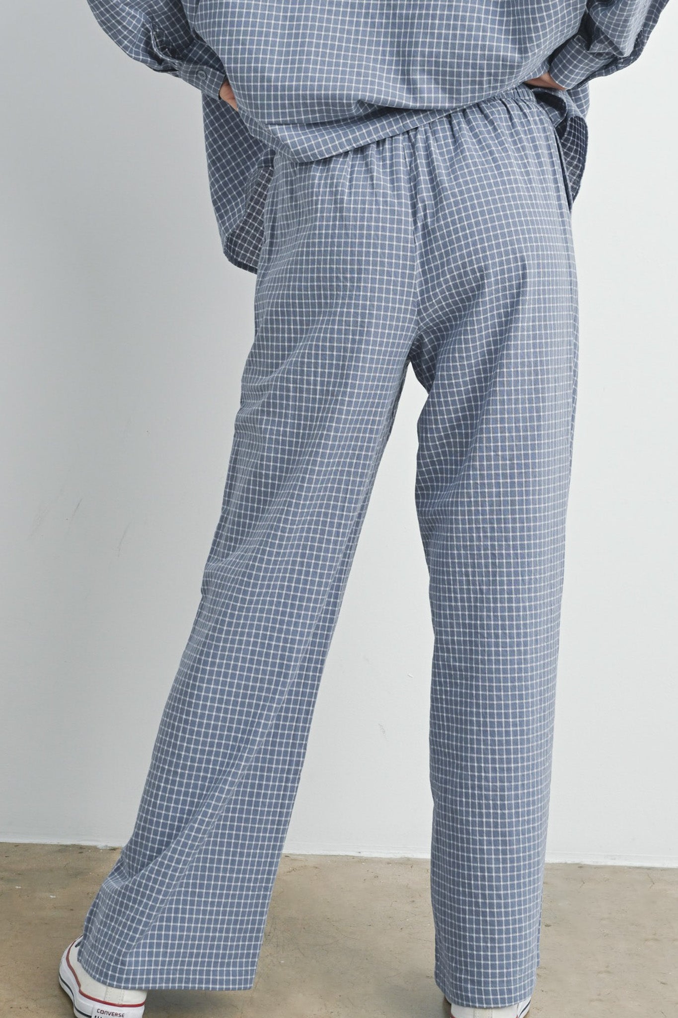 Lets Stay In Drawstring Check Pants in Dusty Blue - Neutral Ground