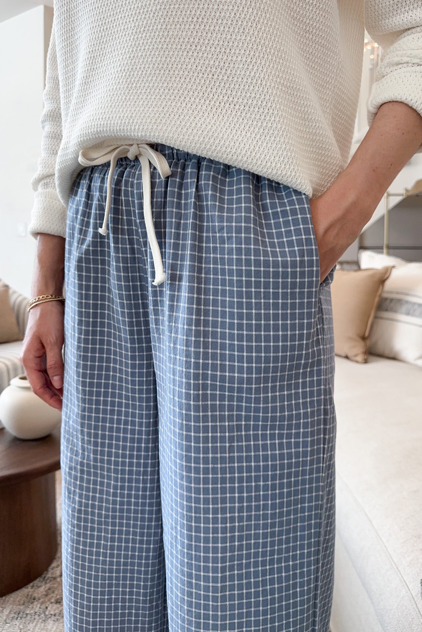 Lets Stay In Drawstring Check Pants in Dusty Blue - Neutral Ground