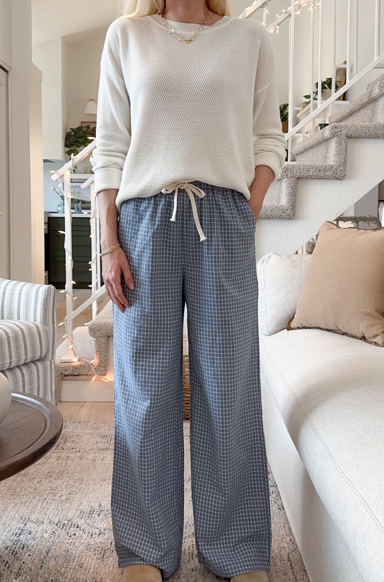 Lets Stay In Drawstring Check Pants in Dusty Blue - Neutral Ground