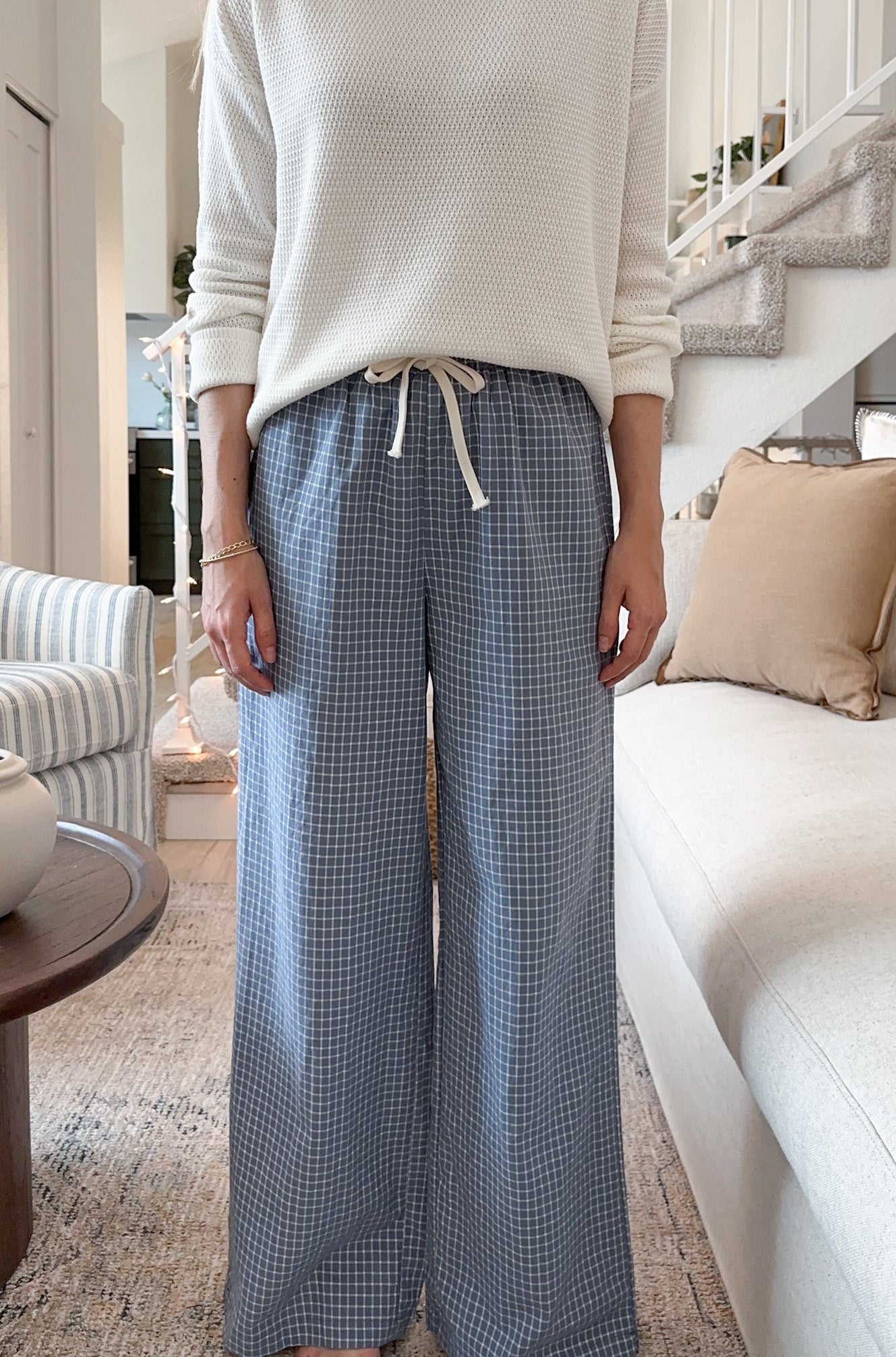 Lets Stay In Drawstring Check Pants in Dusty Blue - Neutral Ground