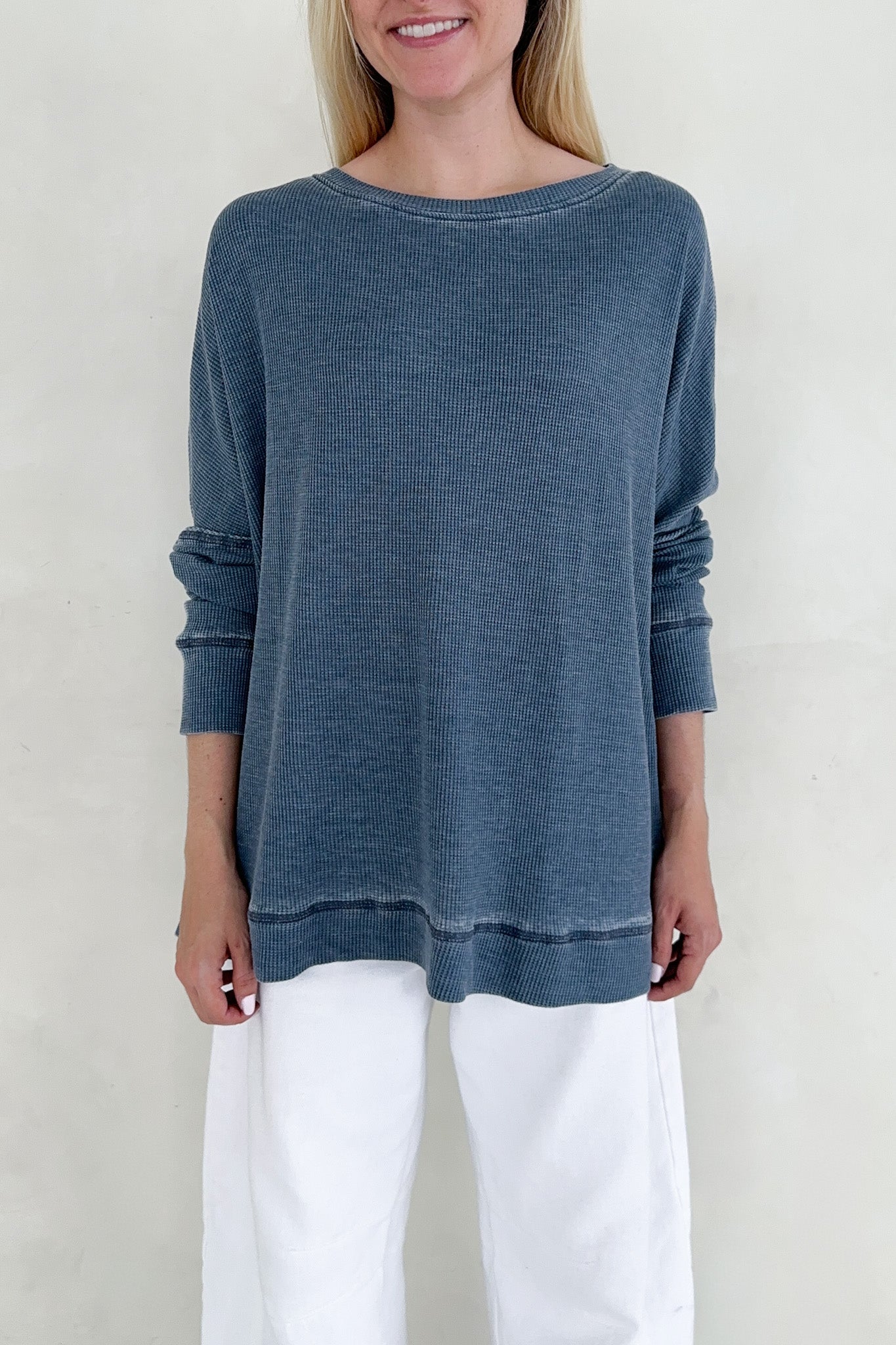 Libby Waffle Knit Boatneck Top in Light Navy - Neutral Ground