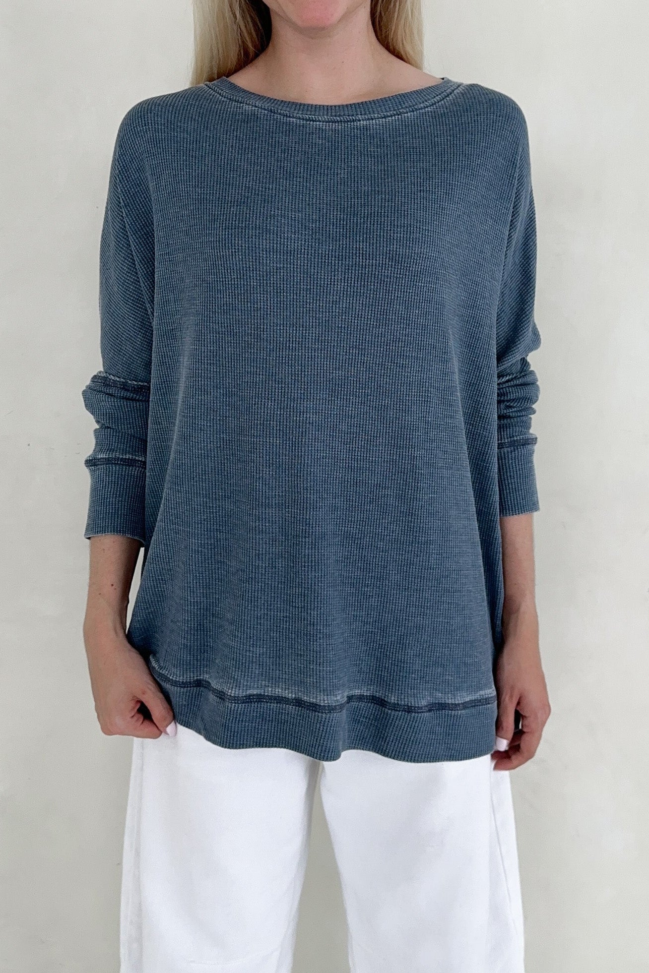 Libby Waffle Knit Boatneck Top in Light Navy - Neutral Ground