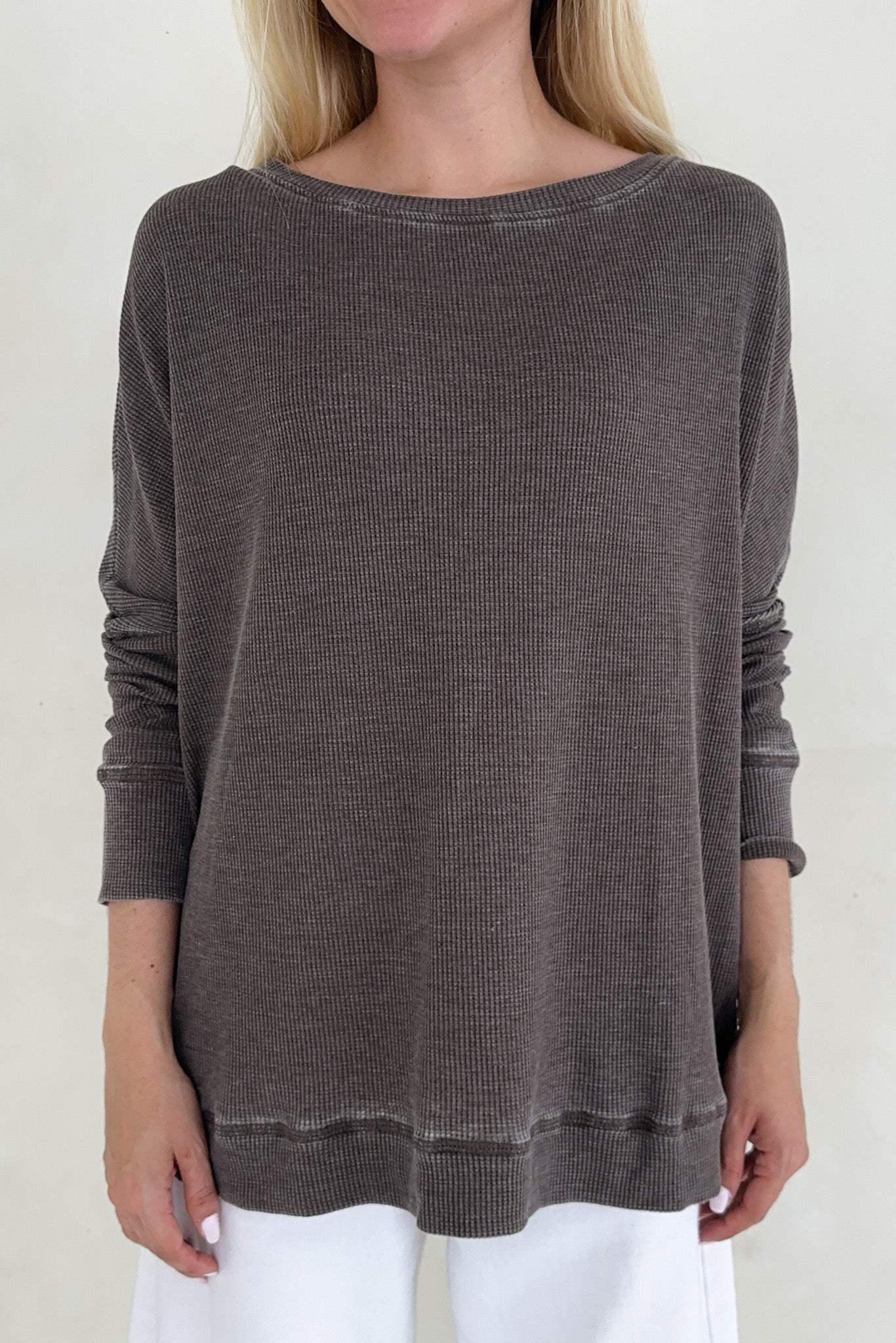 Libby Waffle Knit Boatneck Top in Mocha - Neutral Ground