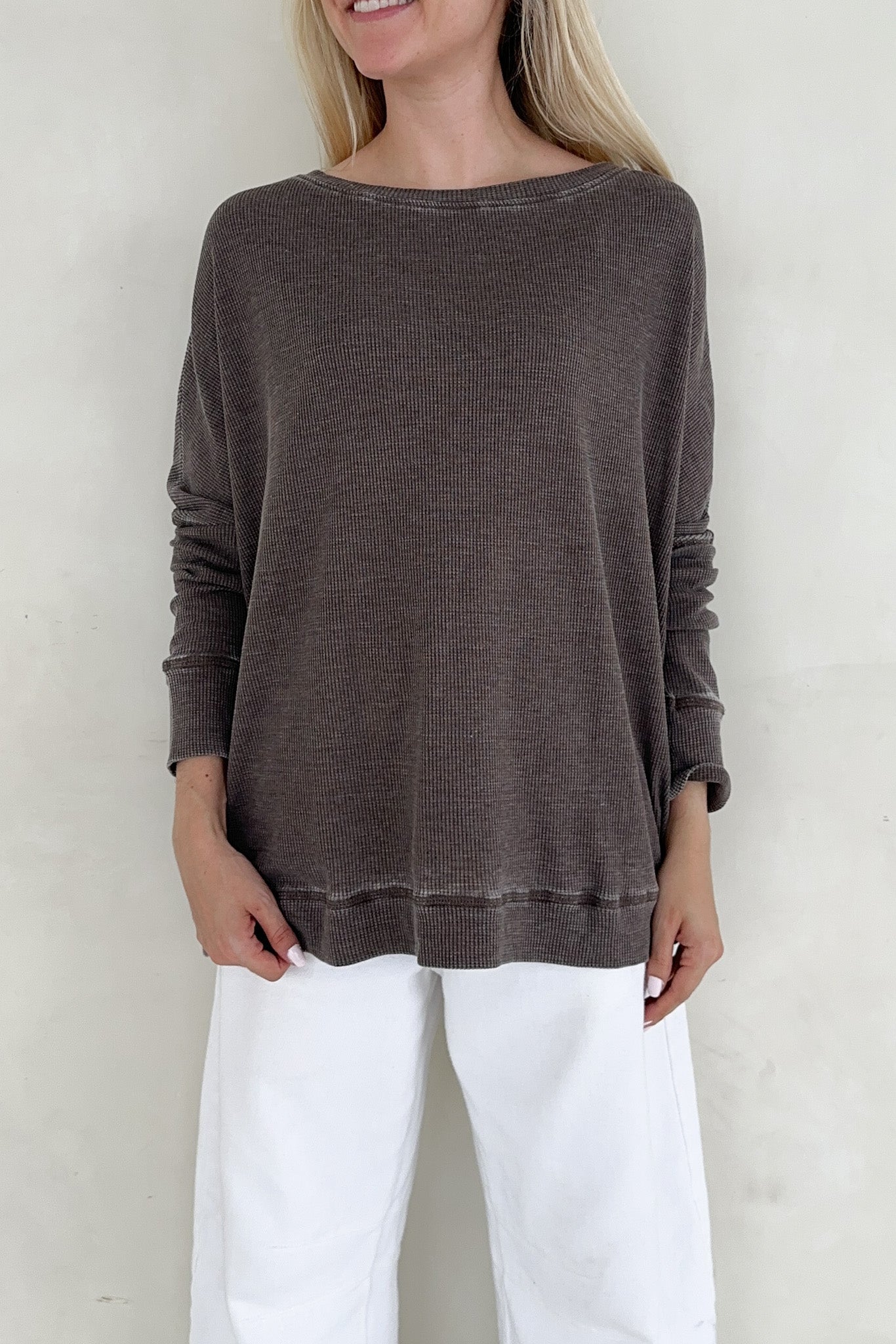 Libby Waffle Knit Boatneck Top in Mocha - Neutral Ground