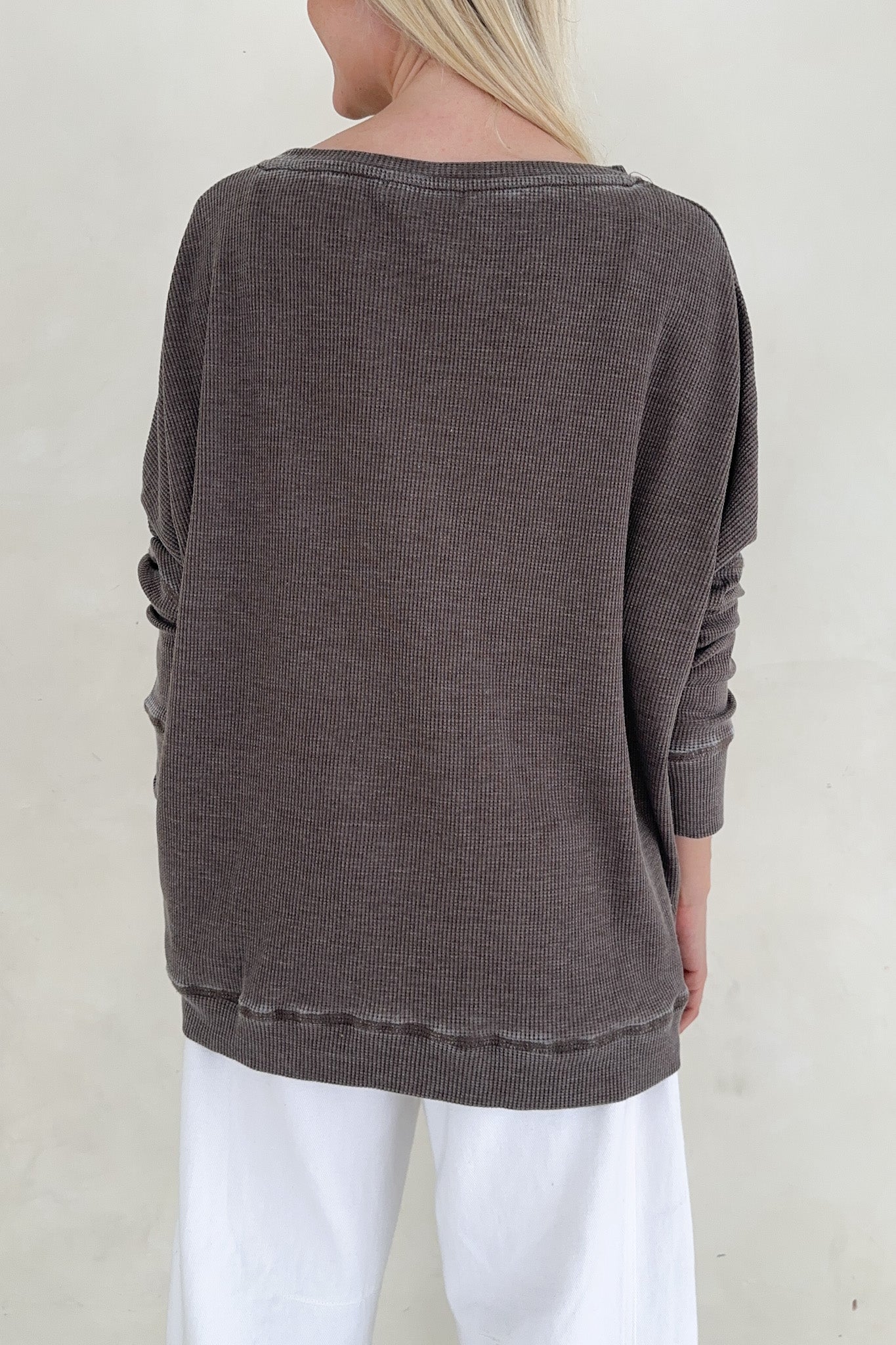 Libby Waffle Knit Boatneck Top in Mocha - Neutral Ground