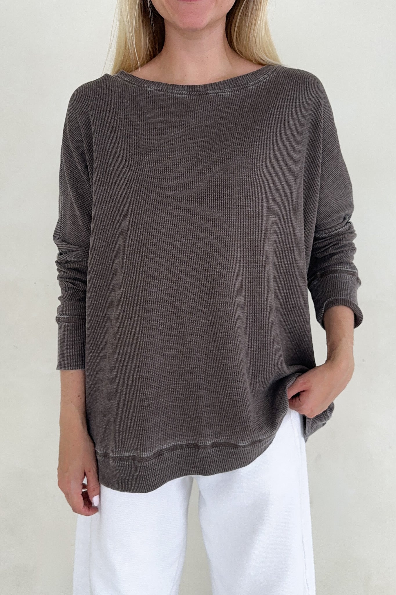 Libby Waffle Knit Boatneck Top in Mocha - Neutral Ground