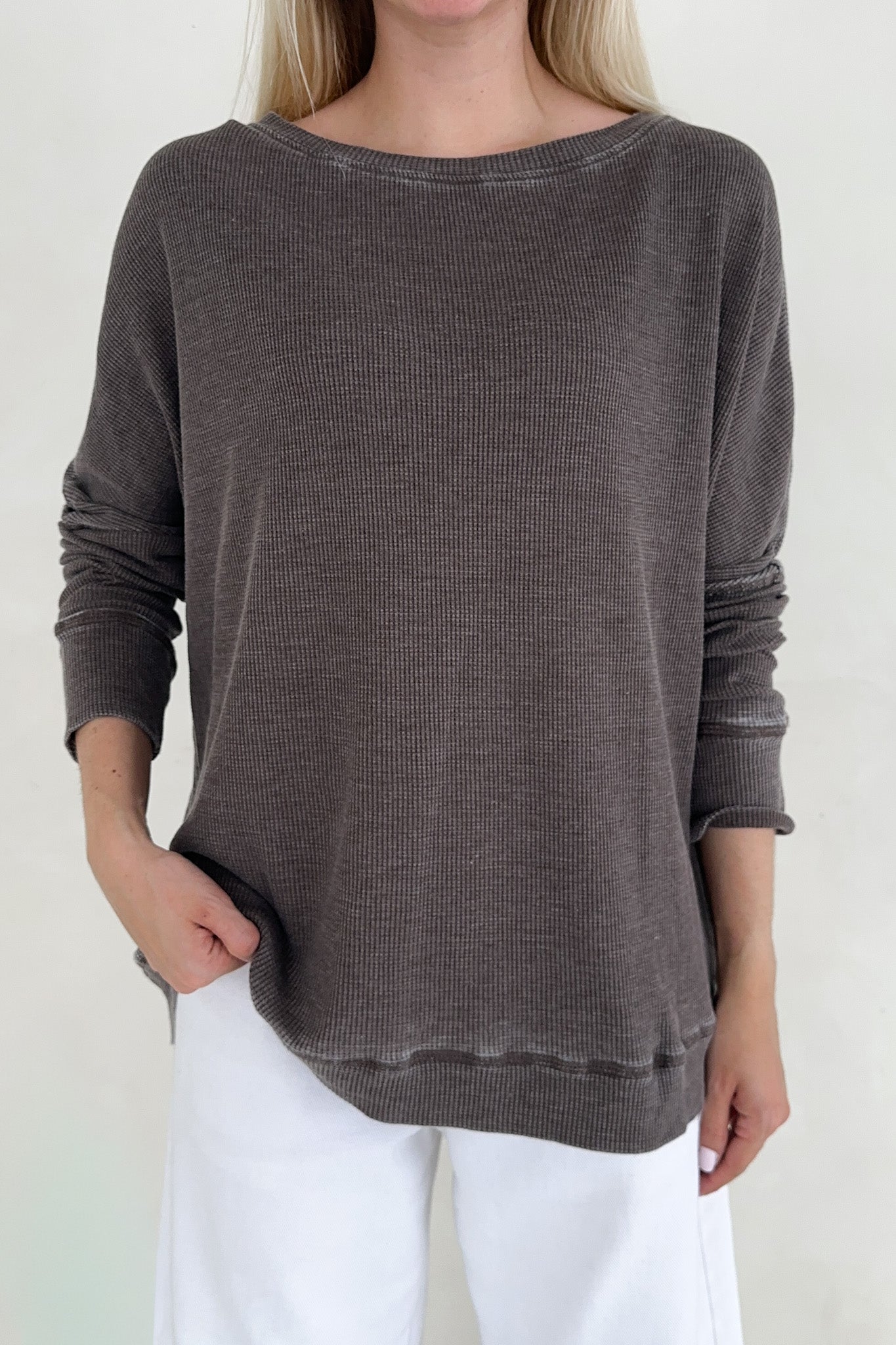 Libby Waffle Knit Boatneck Top in Mocha - Neutral Ground