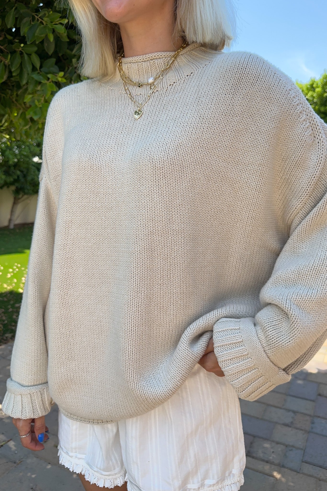 London Solid Knit Pullover Sweater in Oat - Neutral Ground