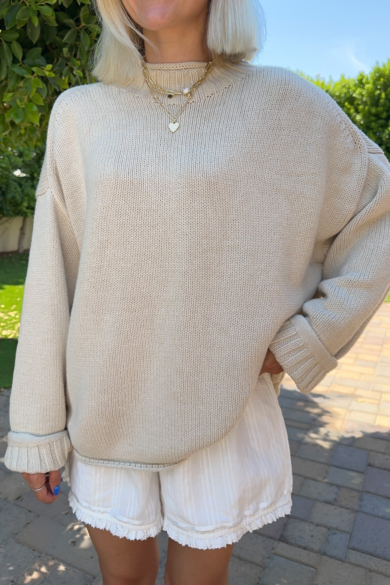 London Solid Knit Pullover Sweater in Oat - Neutral Ground