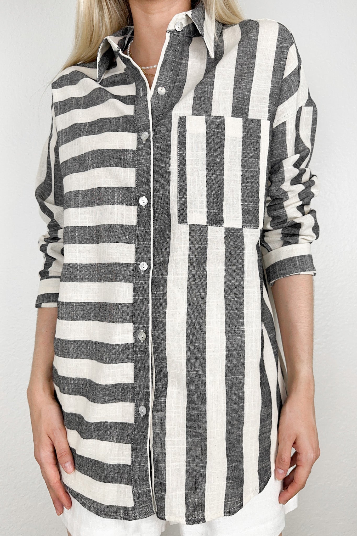 London Striped Button Down Shirt in Black - Neutral Ground