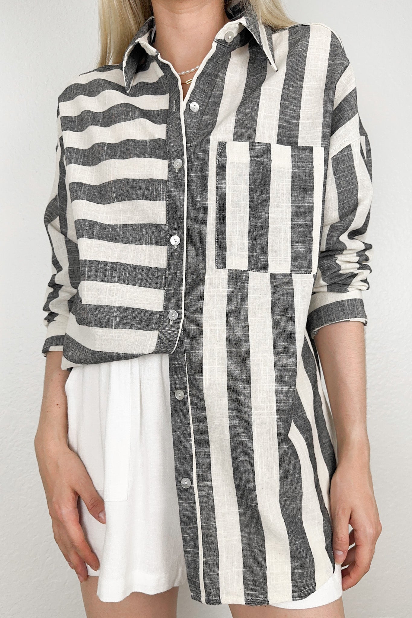 London Striped Button Down Shirt in Black - Neutral Ground