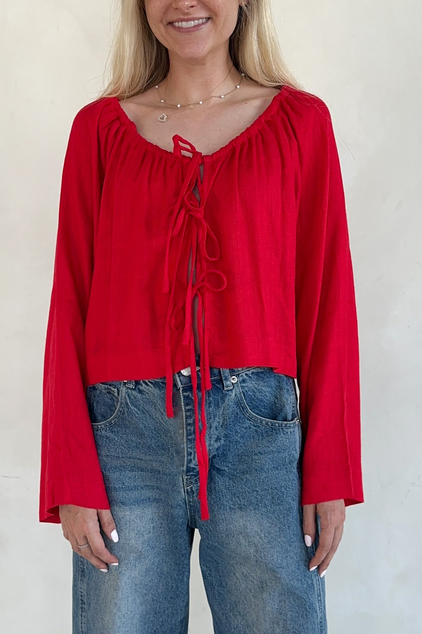 Long Live Textured Tie Front Blouse - Neutral Ground