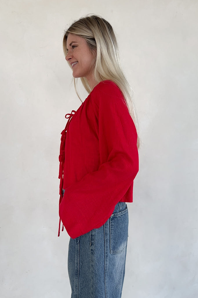 Long Live Textured Tie Front Blouse - Neutral Ground