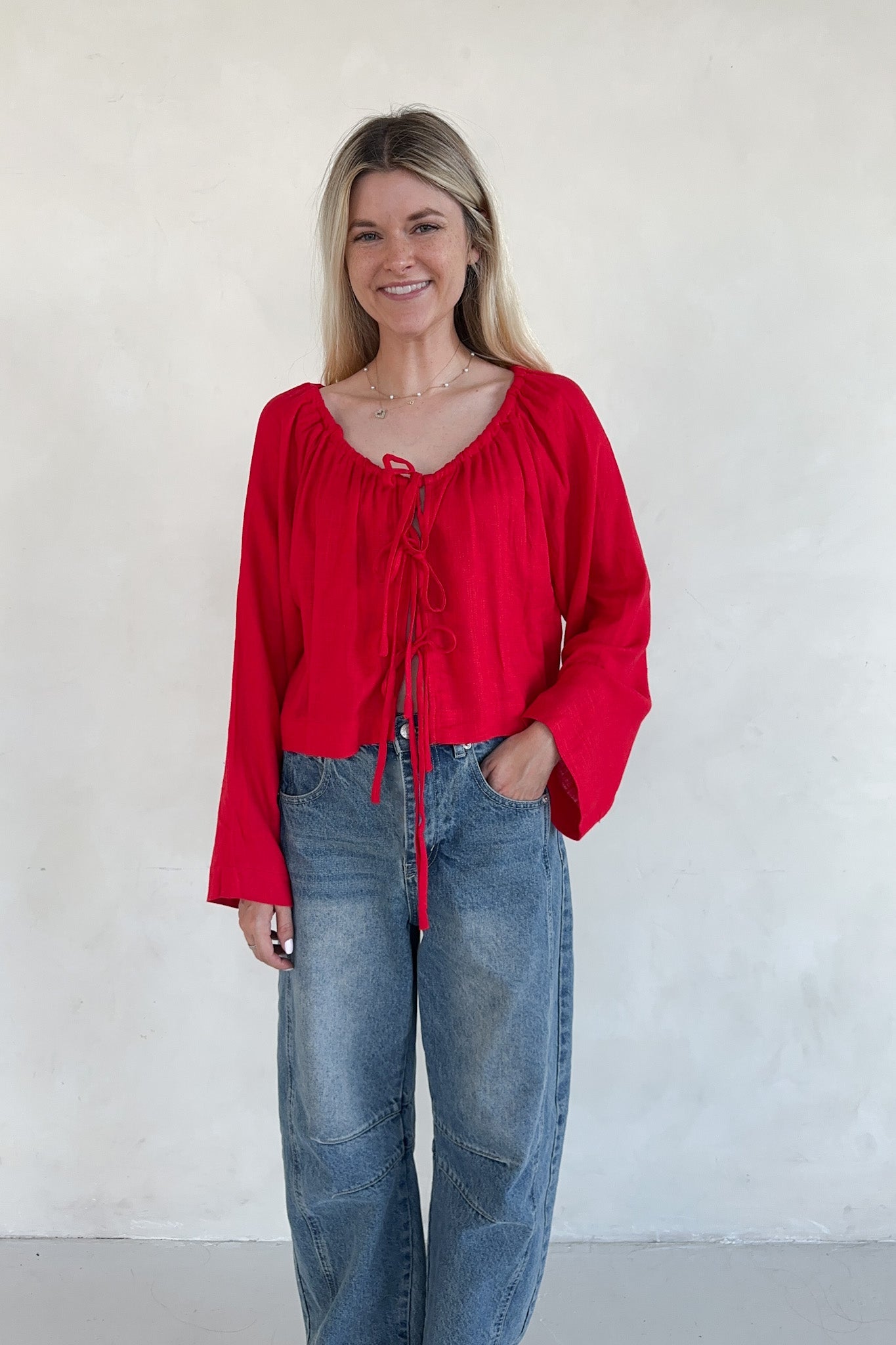 Long Live Textured Tie Front Blouse - Neutral Ground