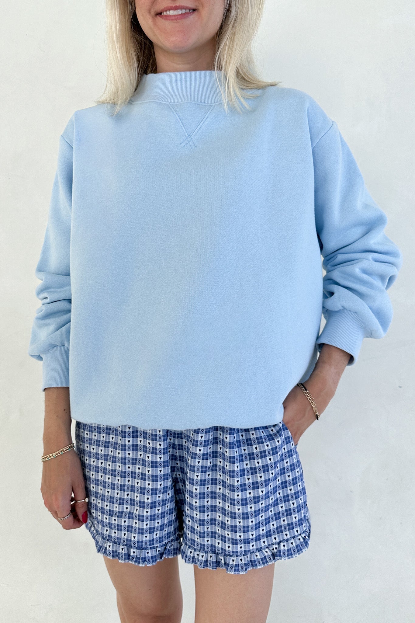 Love Letter Gingham Checkered Heart Ruffle Shorts in Blue - Neutral Ground