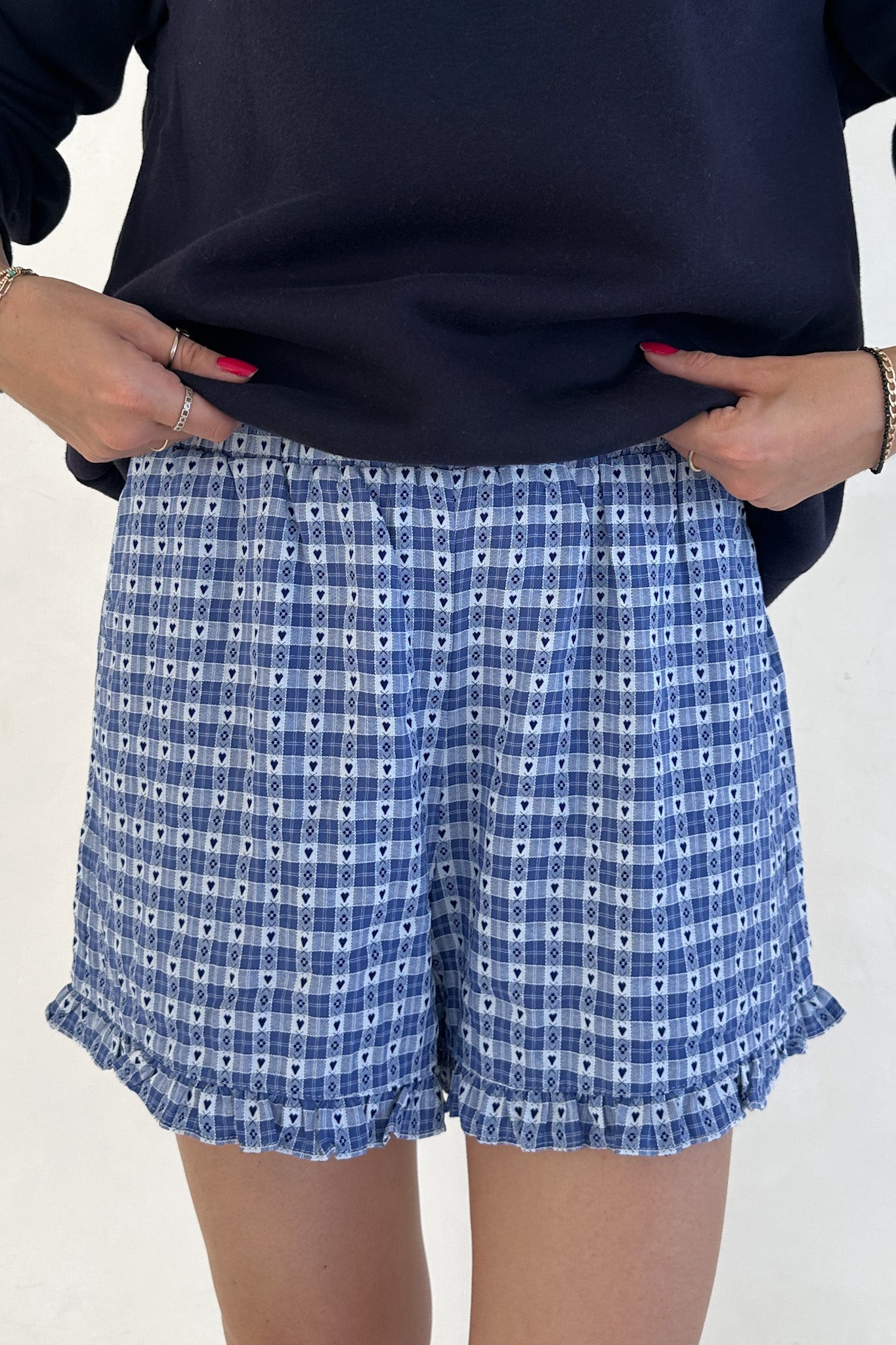 Love Letter Gingham Checkered Heart Ruffle Shorts in Blue - Neutral Ground